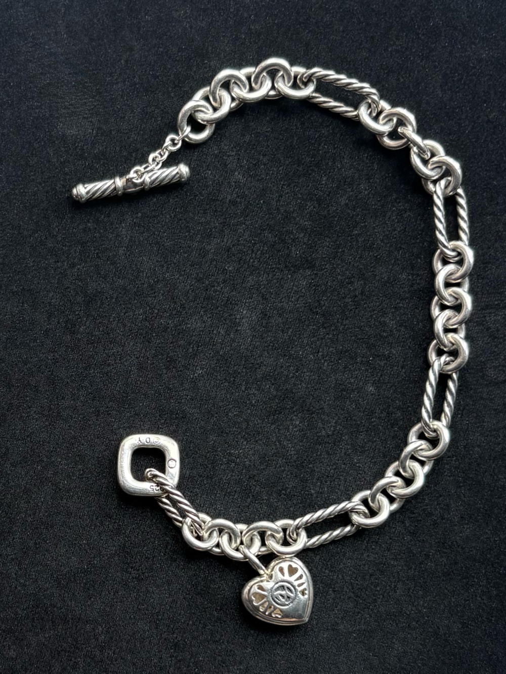 David Yurman Sterling Silver Figaro Cable Chain Diamond Heart Charm Toggle Brace